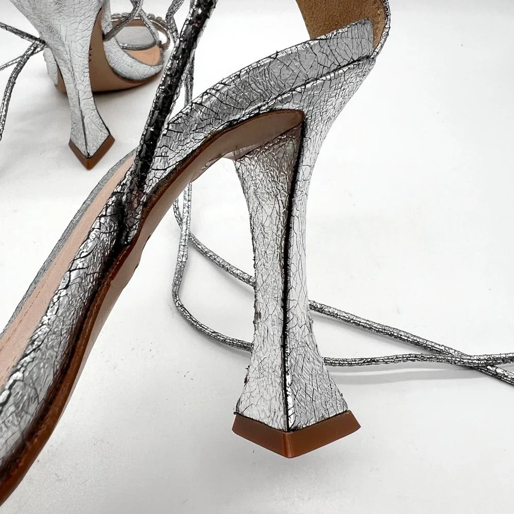 SCHUTZ Bellin Heels Womens 6 Silver Metallic Jeweled Ankle Wrap Strappy Sandal - Picture 11 of 14